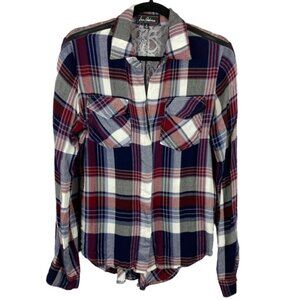SAM Edelman Riley Blue Red Plaid Lace Back Button Down Shirt Medium